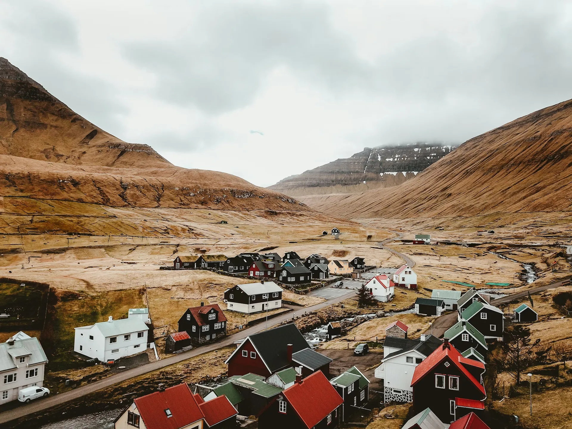 Village of Gjógv in the Faroe Islands with colourful houses and dramatic cliffs
